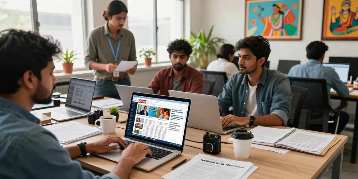 Diverse journalists collaborating at https://www.theindaily.com news office, capturing lively editorial atmosphere