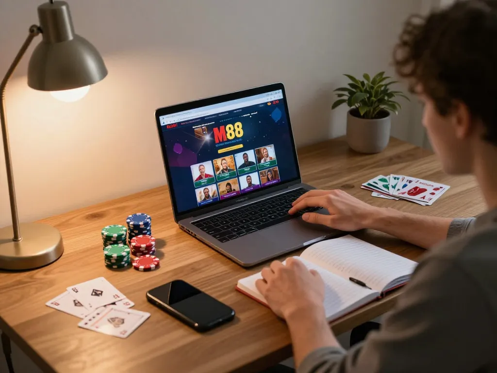 Tham gia trò chơi casino trực tuyến với M88 mới nhất hôm nay trên máy tính xách tay, trình bày thiết lập cược chiến lược.