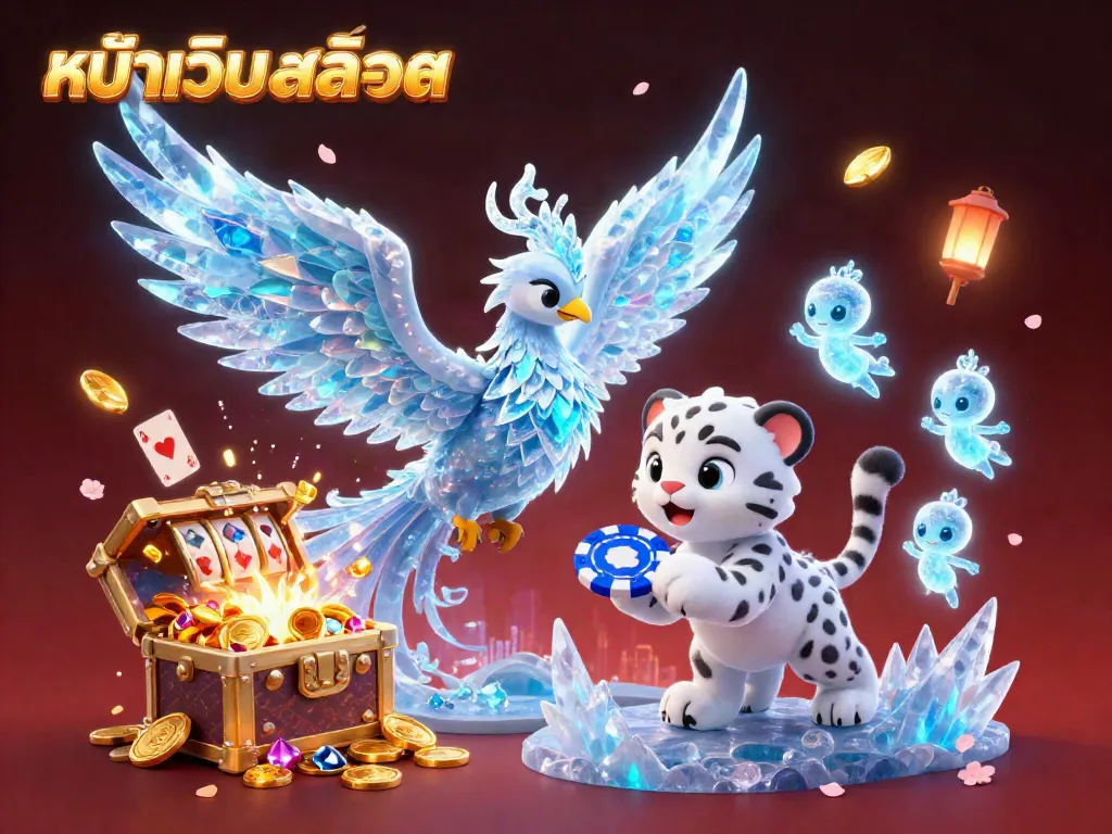 Experience exciting gameplay on หน้าเว็บสล็อต with a glowing ice phoenix and slot reels in a vibrant 3D illustration.