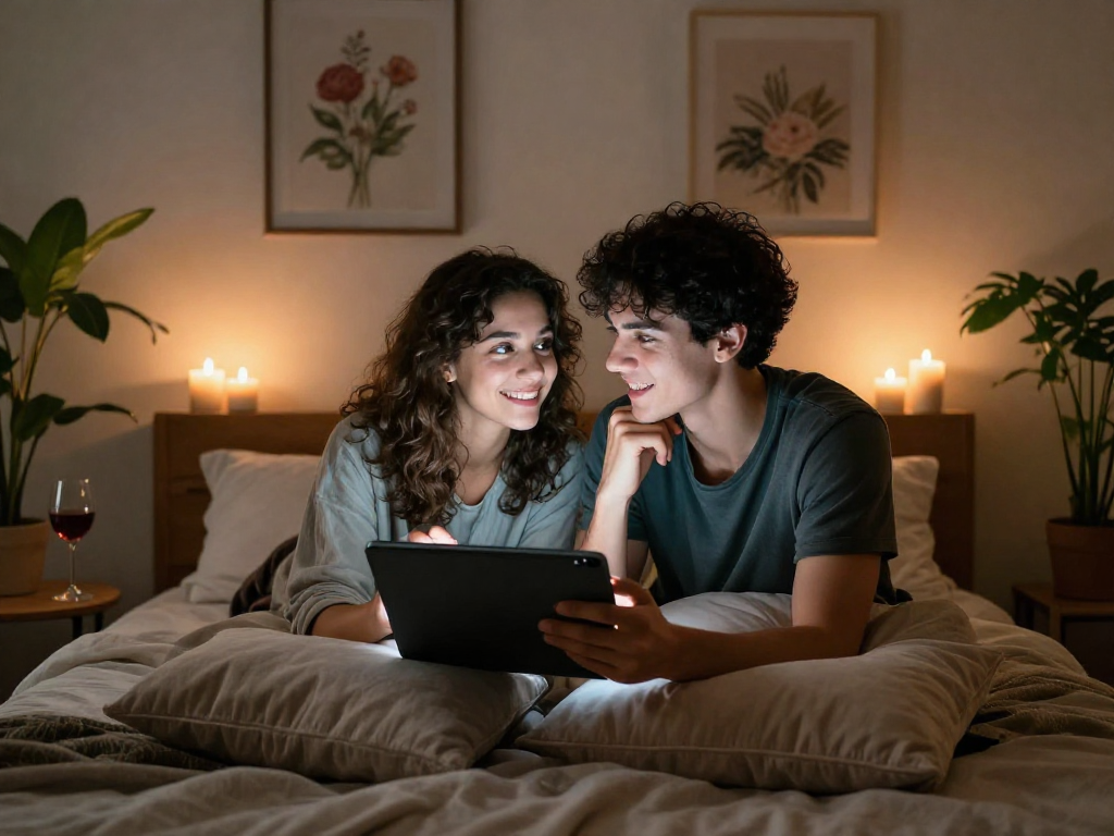Couple using sex AI chat on a tablet in a cozy bedroom.