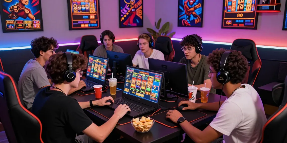 Friends enjoying an exciting slot88 gaming session on a laptop with vibrant graphics and snacks, evoking a lively atmosphere.