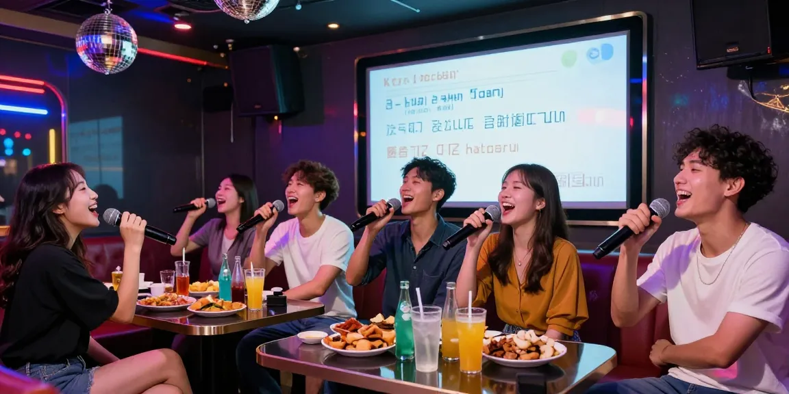달토 가라오케 무대에서 친구들이 신나게 노래 부르는 장면.