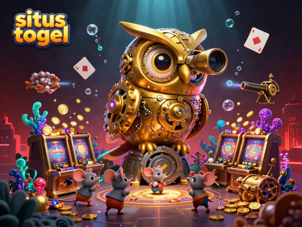 Situs togel themed casino scene with a clockwork owl and lively slot machines.