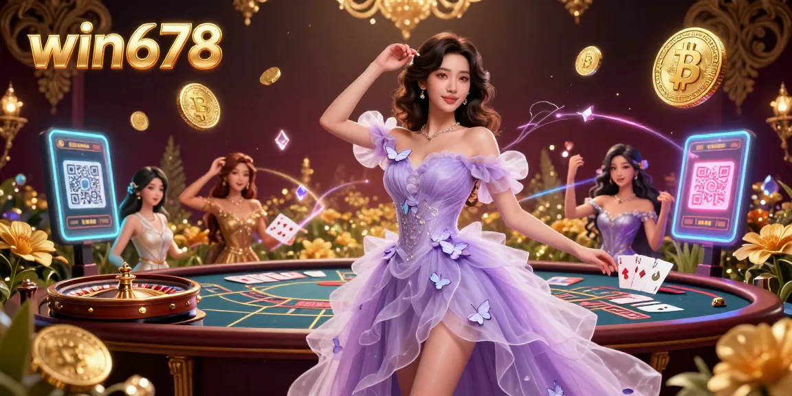 Join the excitement at win678, featuring a stunning casino scene filled with interactive games and glowing elements.