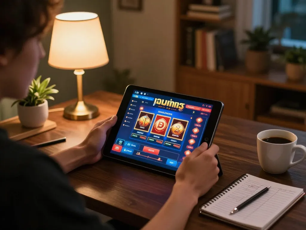 Engaging in a เว็บตรงสล็อต game on a tablet at home, showcasing responsible gambling.
