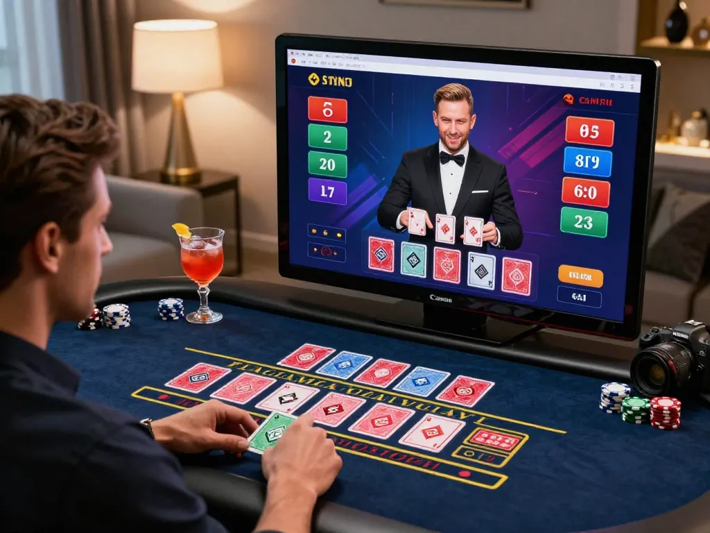 Engaging scene of a player on a luxurious 바카라사이트 with live dealer, showcasing an exciting gaming atmosphere.