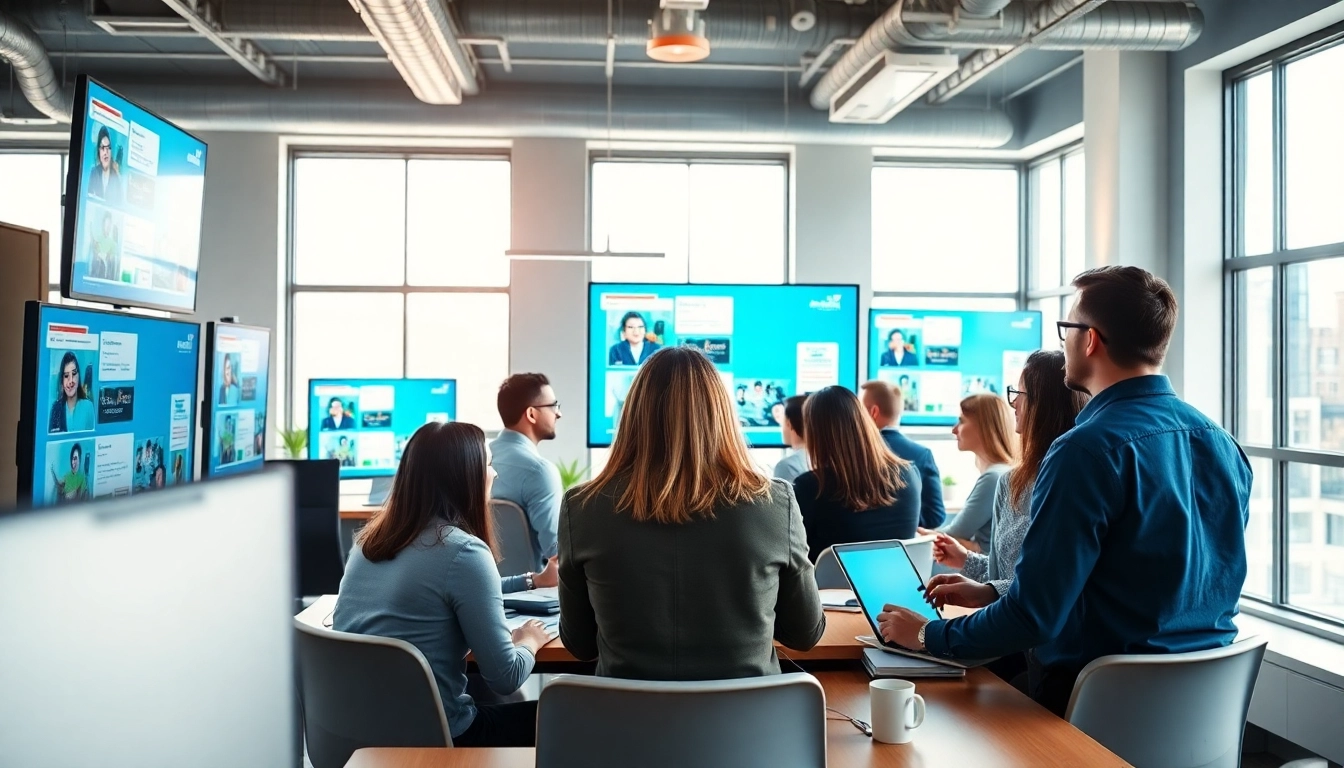Engaged team at a social media agency collaborating on innovative marketing strategies.
