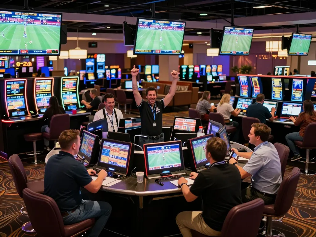 Cakhia TV showcases bettors excitedly placing wagers at a lively casino sportsbook.