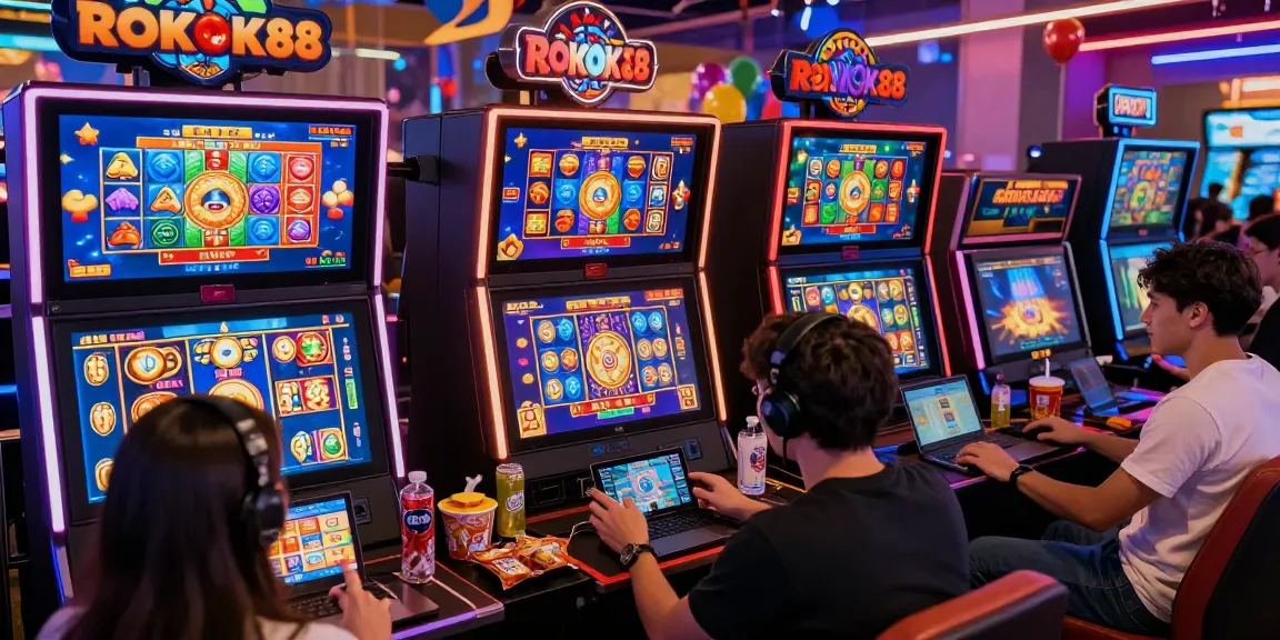 ROKOK88 gaming scene with players enjoying exciting slot games on multiple devices, filled with colorful graphics.