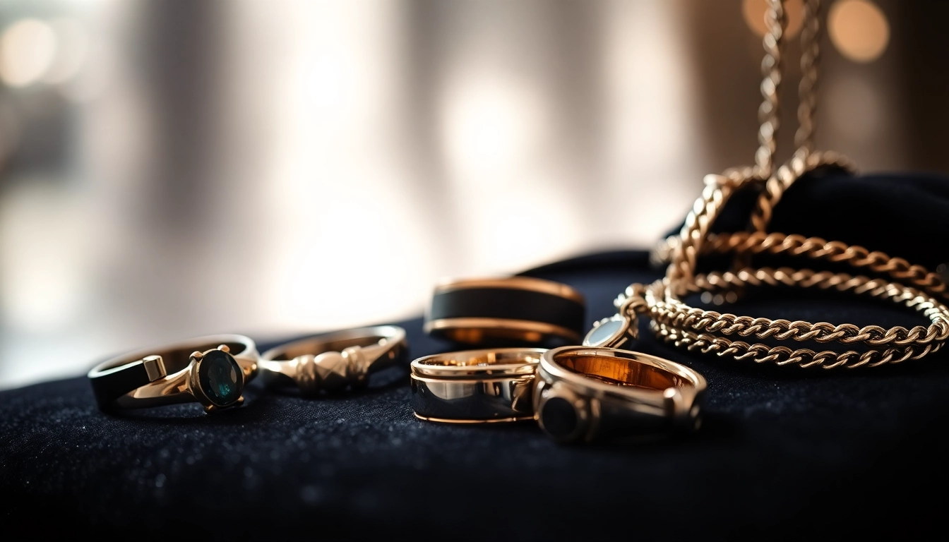 Showcasing luxury men's jewelry with a polished metallic sheen and intricate details.