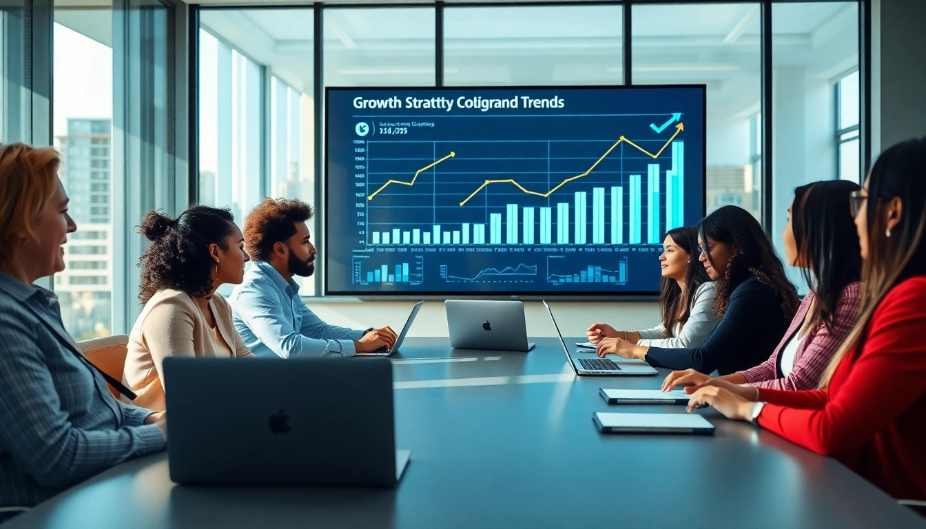 Analyze growth strategy trends during an engaging business meeting with professionals.
