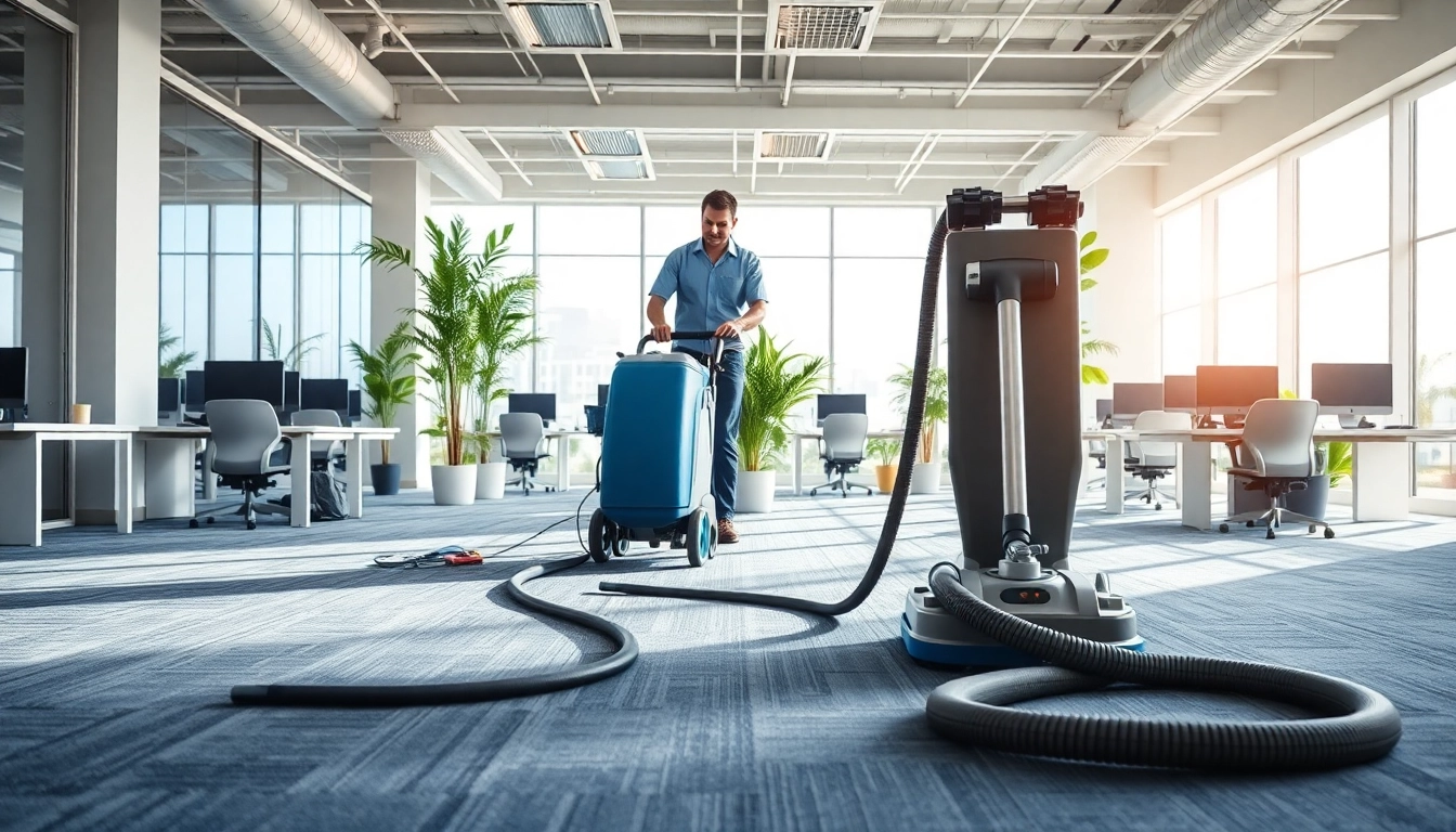 Commercial carpet cleaners actively maintaining a modern office space, ensuring cleanliness and professionalism.