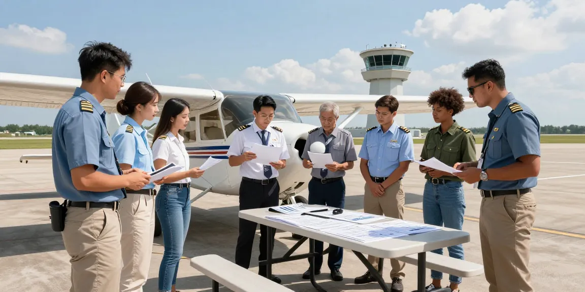 Aspiring pilots engaged in pilot license training near me, performing pre-flight checks on an aircraft.