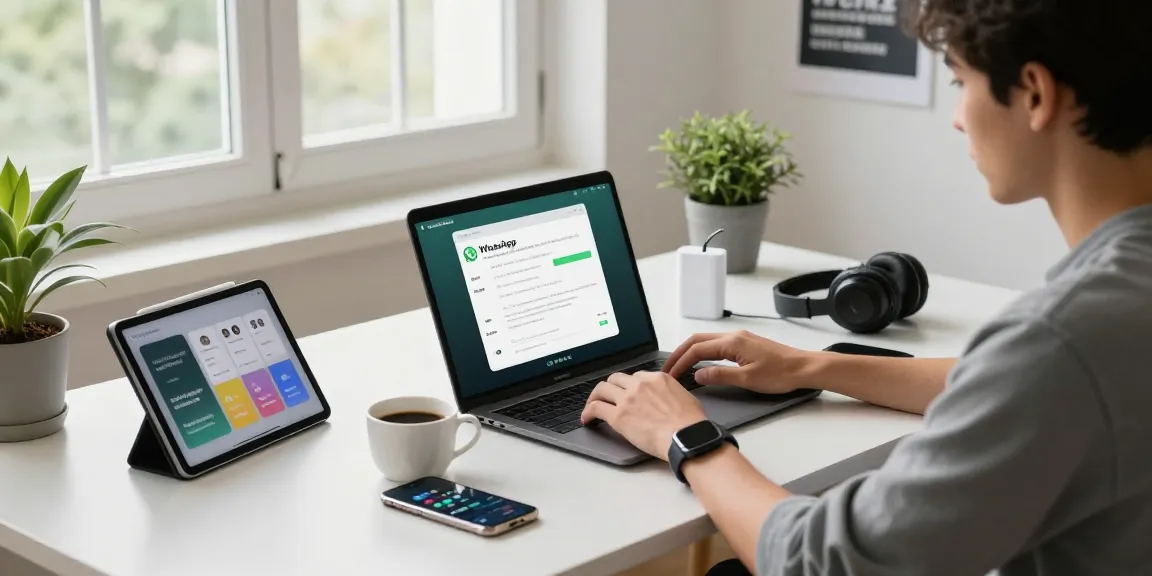 Using WhatsApp電腦版 on a modern workspace setup with tech devices.