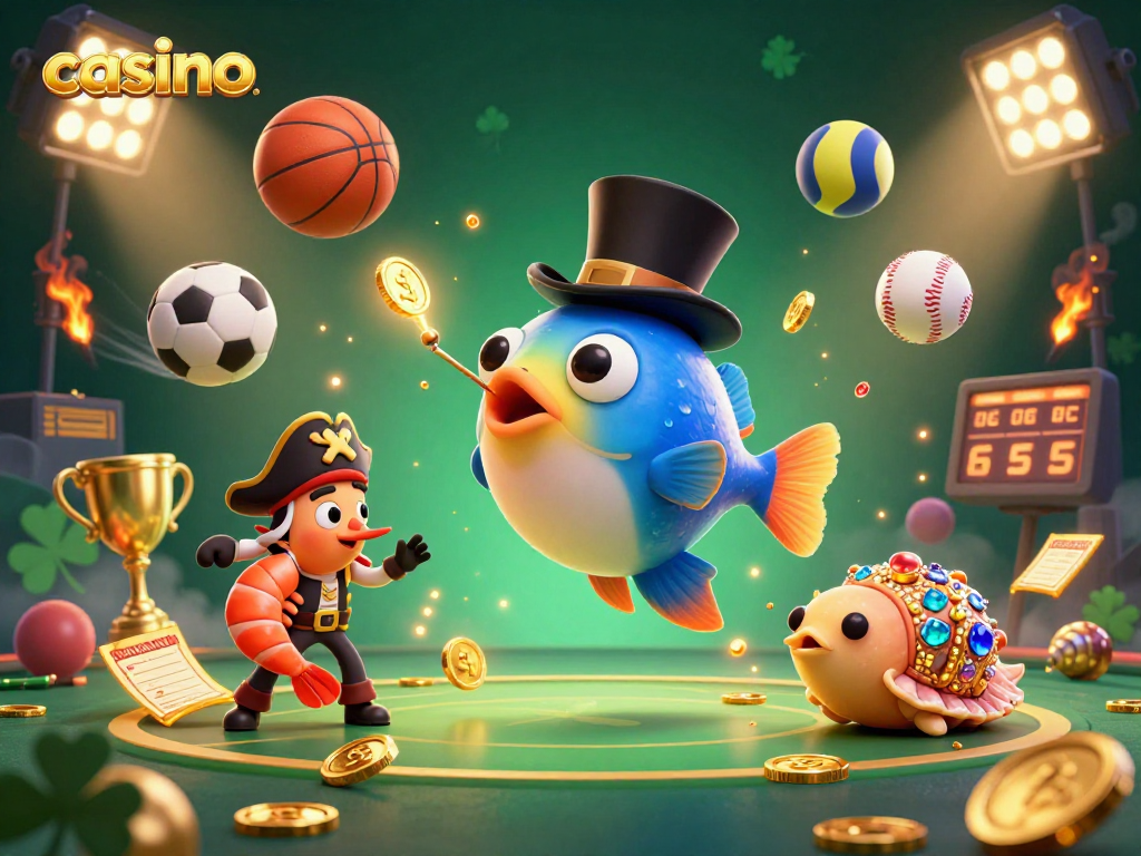 Engage with this vibrant casino scene showcasing playful characters attracting coins amidst dynamic sports elements.