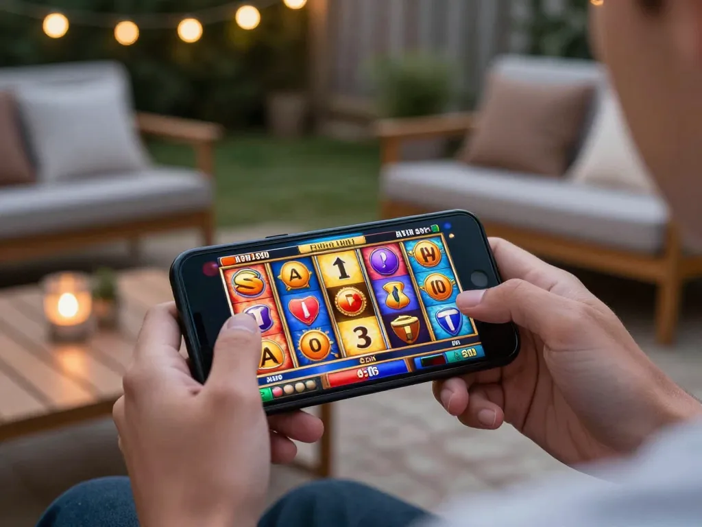 Player spinning reels on apk slot game in a cozy outdoor setting lit by warm lights.
