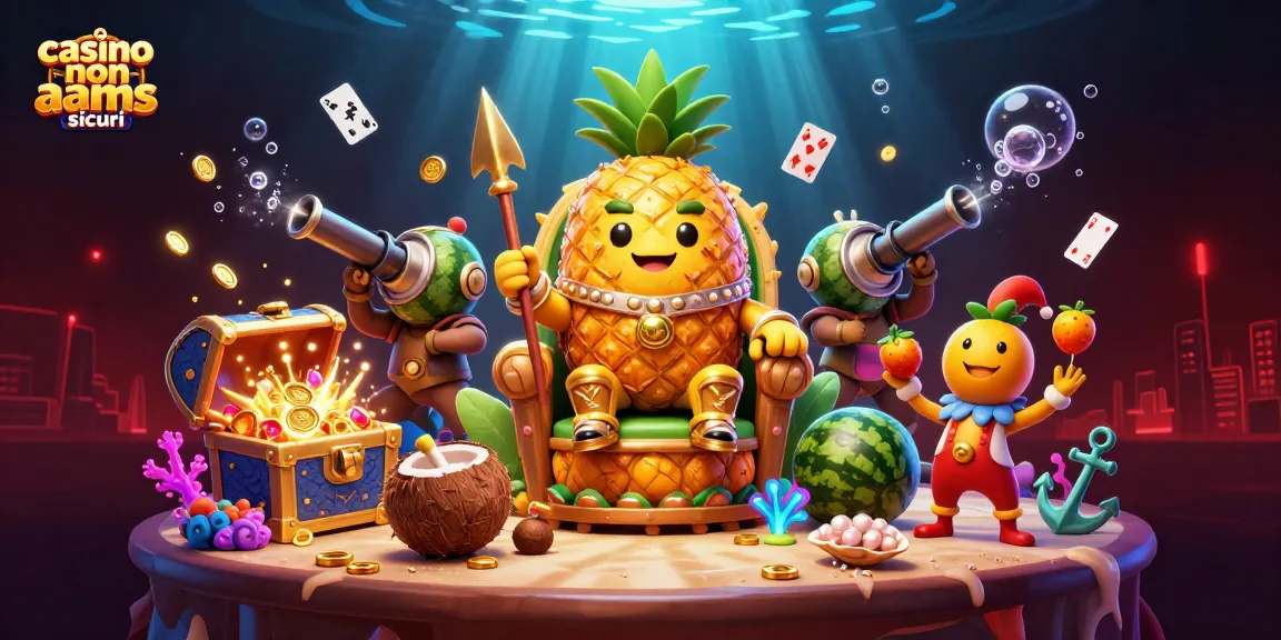 Cattura l'azione nei casino non AAMS sicuri con il re ananas e i suoi guardiani in una scena vivace.