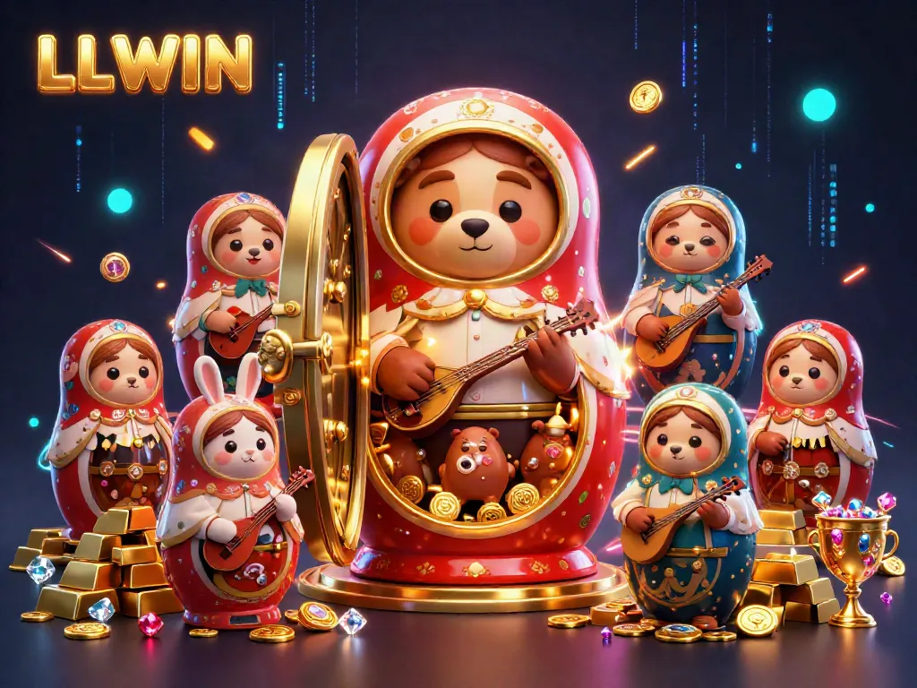 Experience LLWIN's vibrant casino scene with playful bears and stunning treasures in a dynamic 3D illustration.