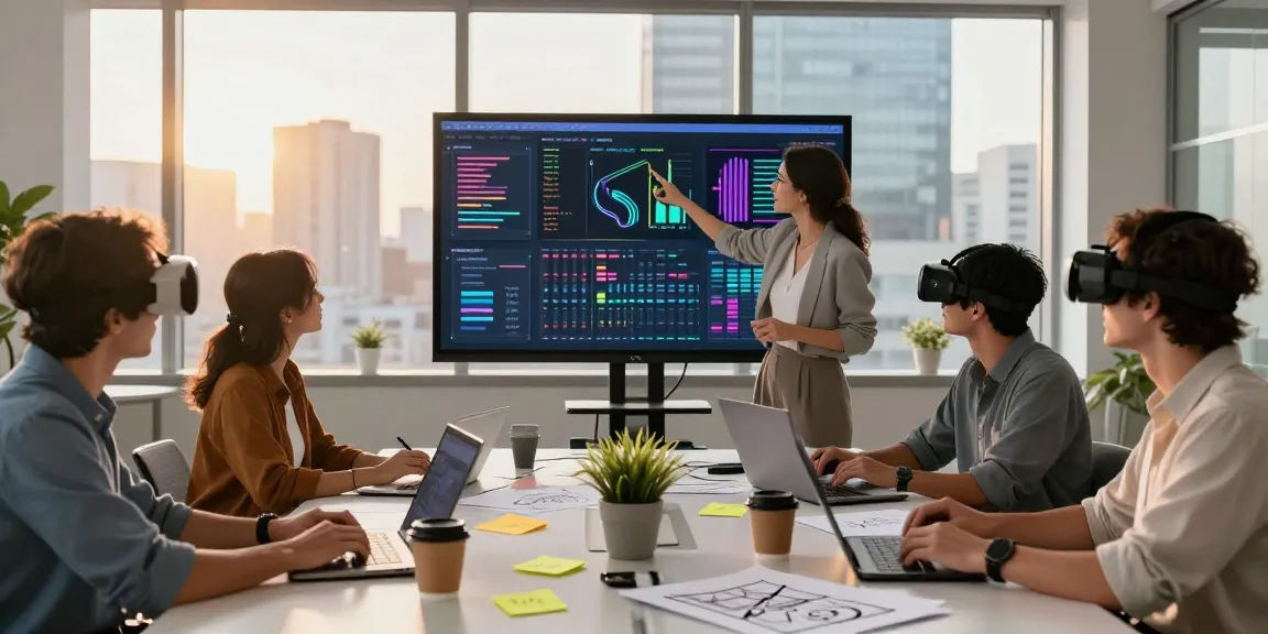 Collaborative team using a digital mixboard for creative brainstorming in a modern office.