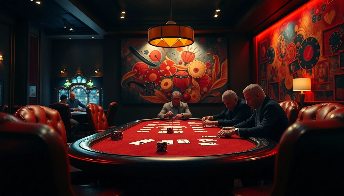 Permainan poker di bbni4d dengan suasana kasino yang glamor dan pemain terlibat.
