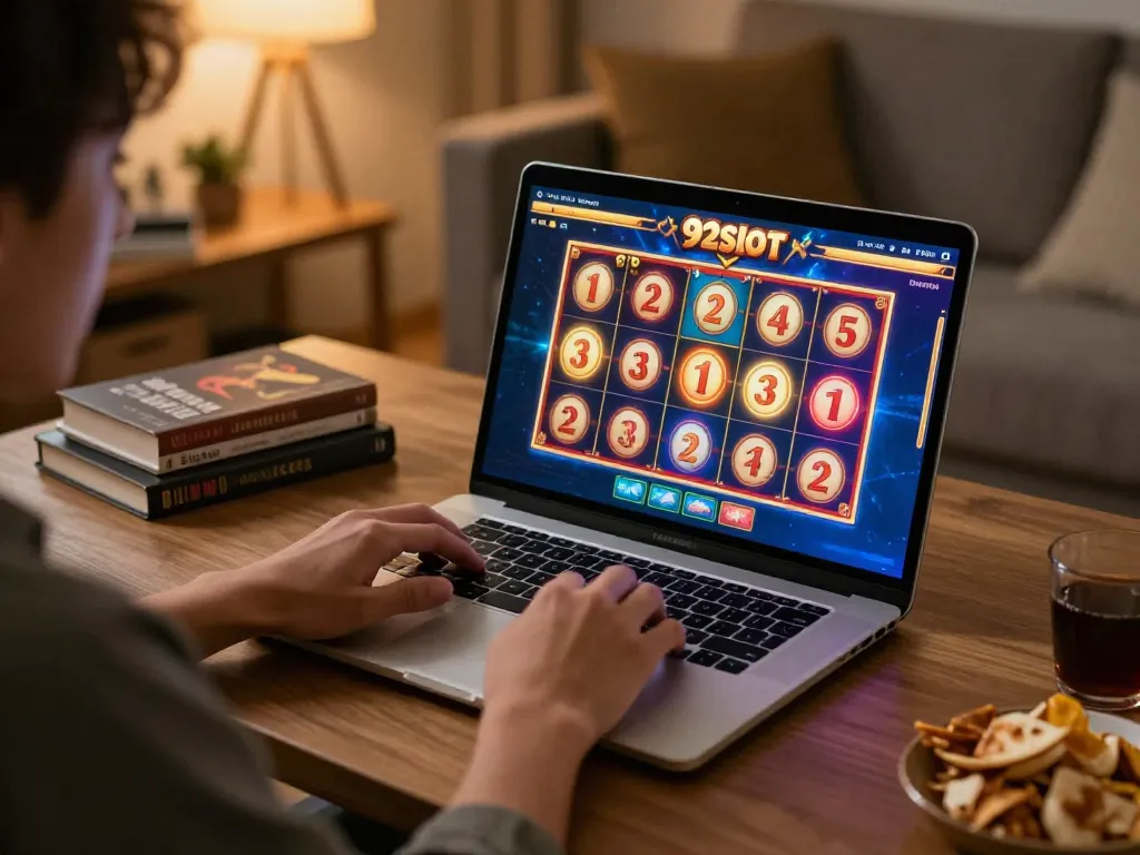 User engaged in 92slot gaming, showcasing vibrant slot game on laptop in cozy home setting.
