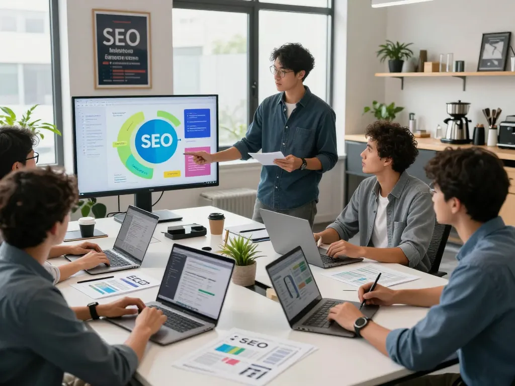 Collaborative team meeting at an SEO Company in NYC, showcasing strategic marketing discussions and digital analytics.