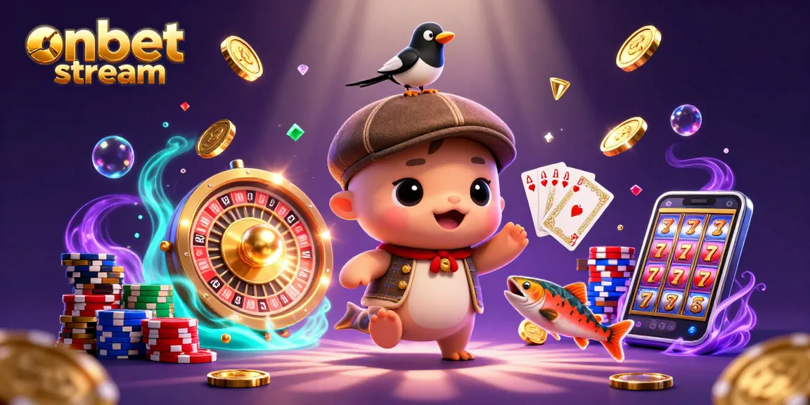 Experience Fortunes with onbet stream's vibrant casino scene featuring joyful characters and dynamic game elements.