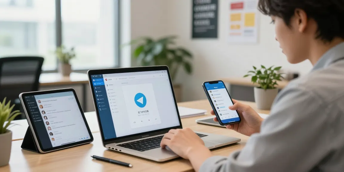 Desktop scene of a professional using the 纸飞机中文版 app on a laptop and smartphone in a bright office, showcasing effective communication tools.