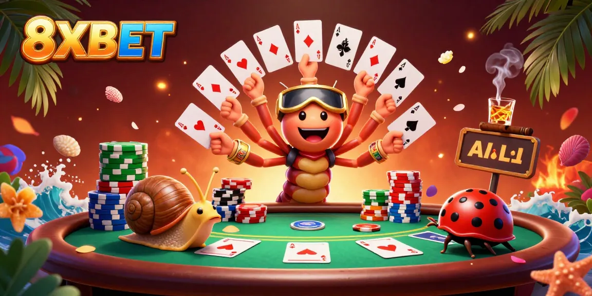 Experience the excitement of 8XBET with a whimsical cartoon dealer and a snail high-roller in vivid 3D.