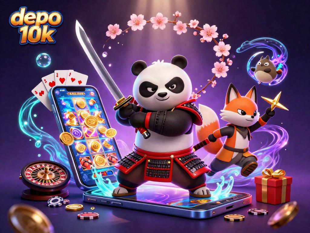 Catch the thrill of gaming with depo 10k as a samurai panda battles in a vibrant casino scene.