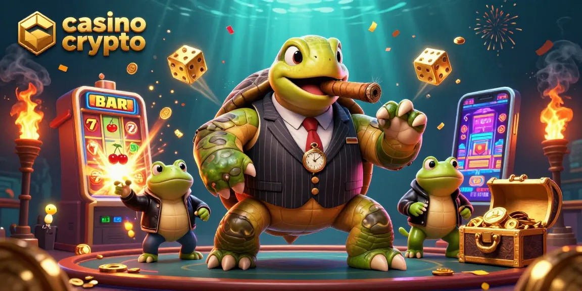 In un casinò crypto, tartaruga in abito da gangster gioca con monete e slot machine scintillanti.