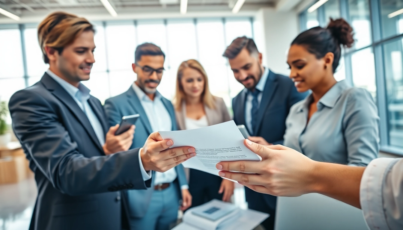 Collaborative contract management team analyzing documents in a bright office
