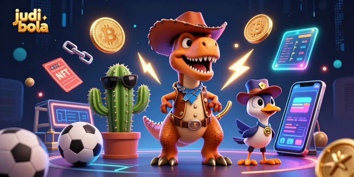 Engage in judi bola action with a vibrant scene featuring a cowboy dinosaur and cartoon elements.