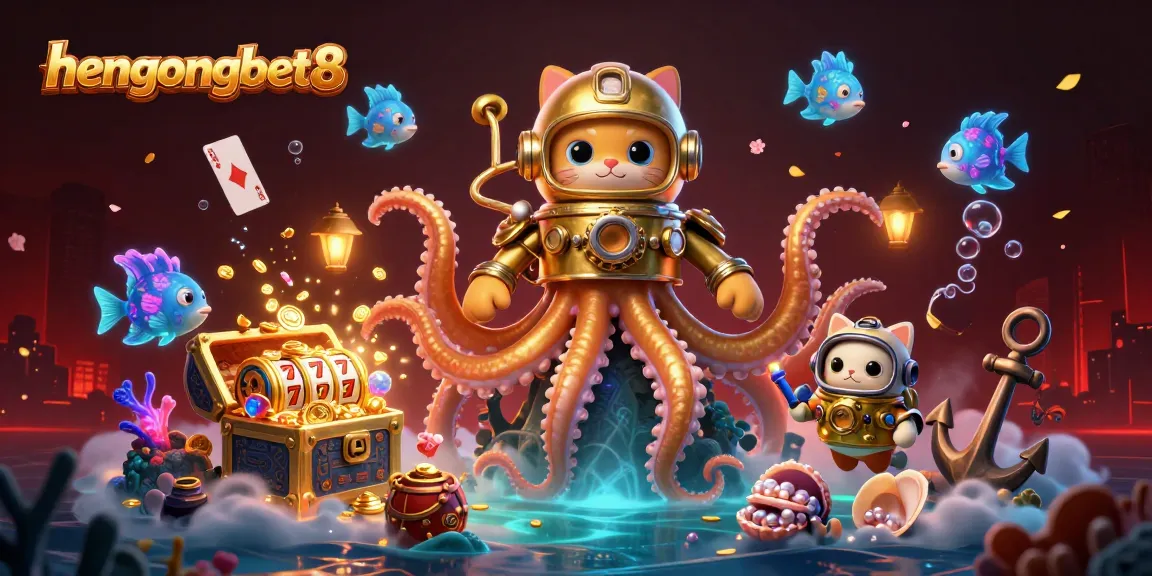 Play thrilling slot games at hengongbet8 with a magical kraken and treasures in this vibrant 3D illustration.