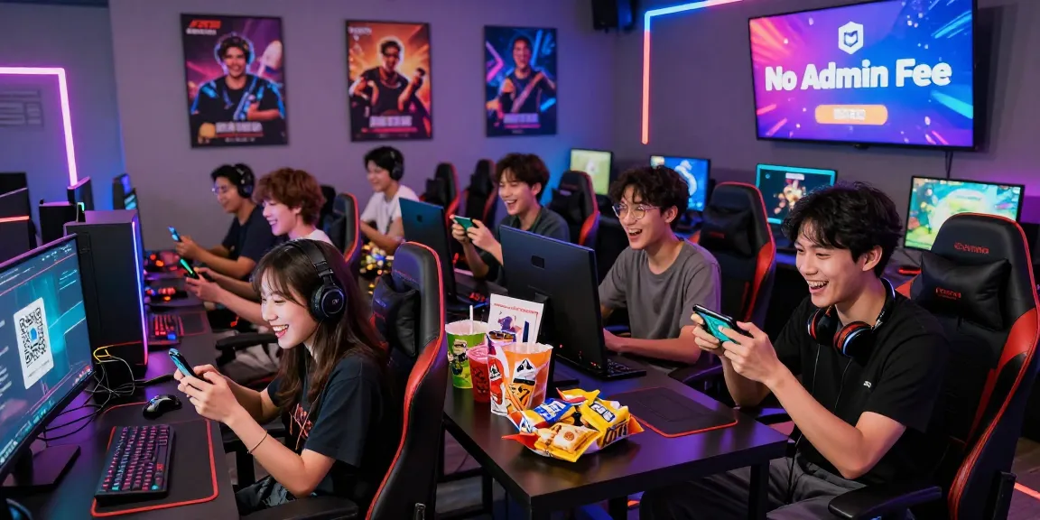 Proses topup akun game tanpa biaya admin di NAGA2000 melalui QRIS di ruang bermain modern.