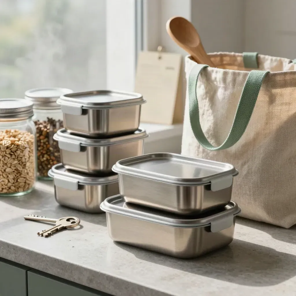 Brushed-steel meal-prep containers, pantry jars and linen tote in soft dawn light.