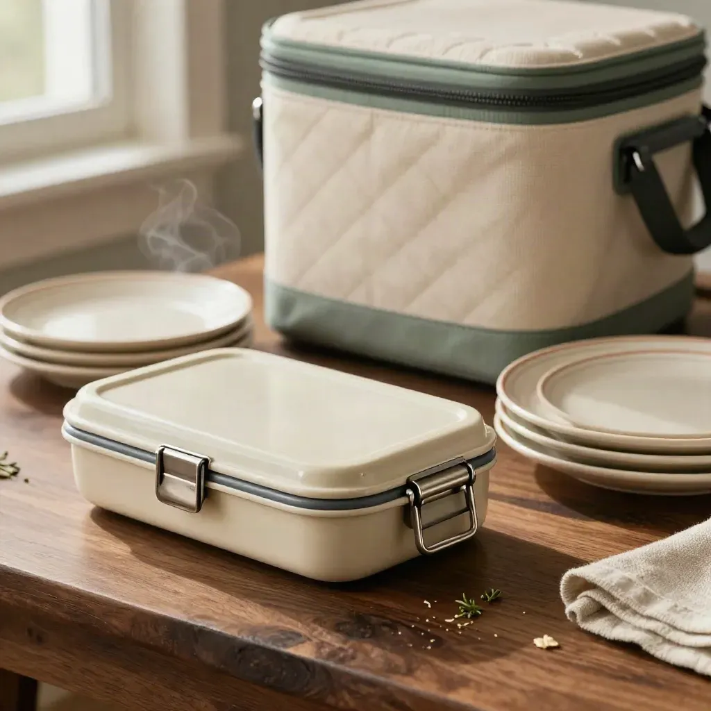 Lunchbox, folding cooler and dinner plates on walnut with soft light and steam.