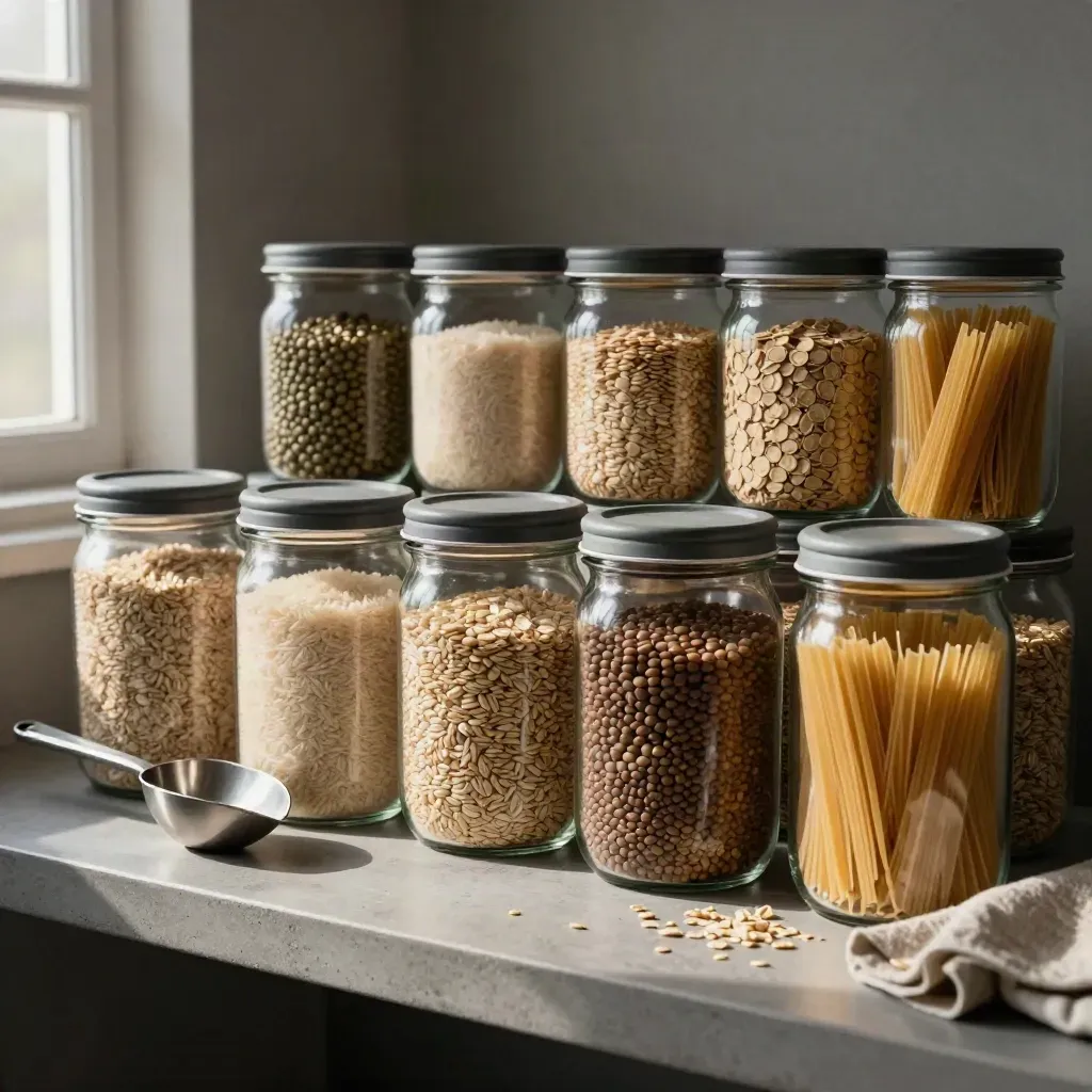 Top-down pantry still life with paired bean jars, duplicate staples, and a metal scoop on slate.