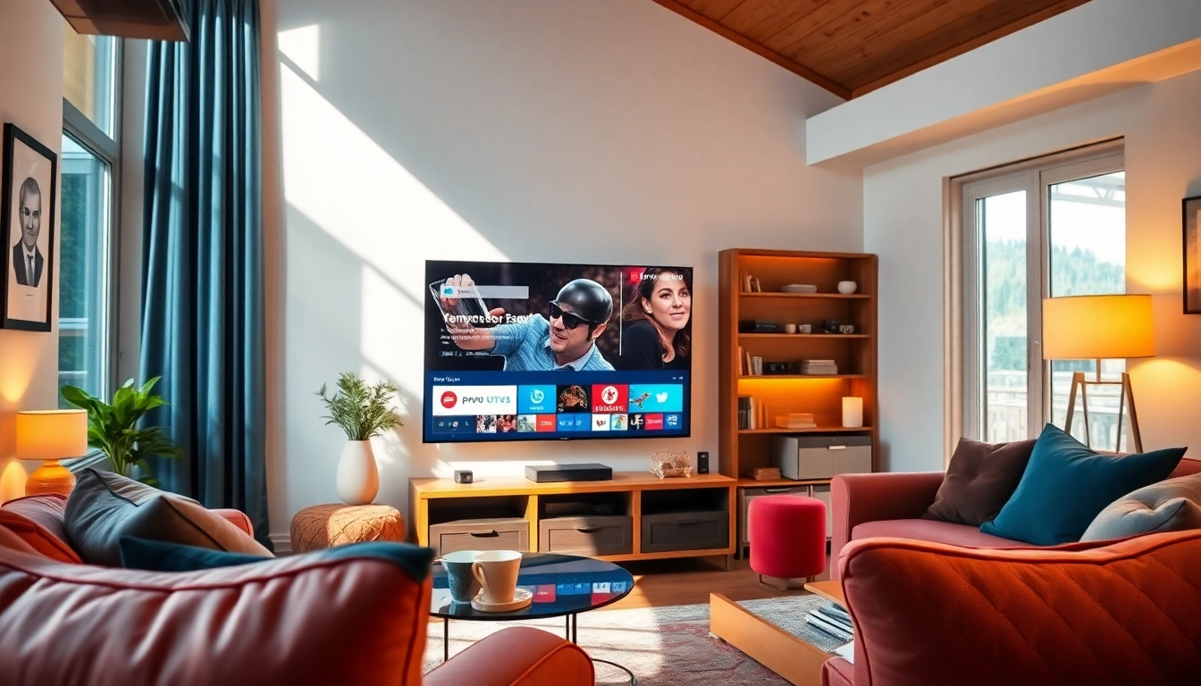 Engaging living room setting with Suisse IPTV displayed on a modern TV screen, emphasizing comfort and entertainment.