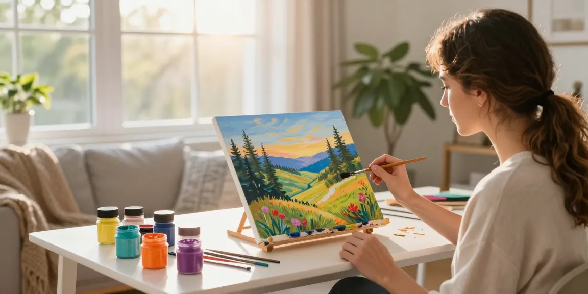 Adult paint by number session in a cozy home studio with vibrant paints and peaceful atmosphere.