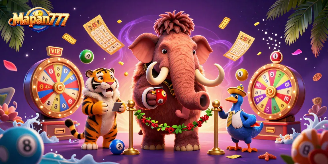 Mapan777 welcomes VIPs with a lively casino scene showing colorful lottery elements.