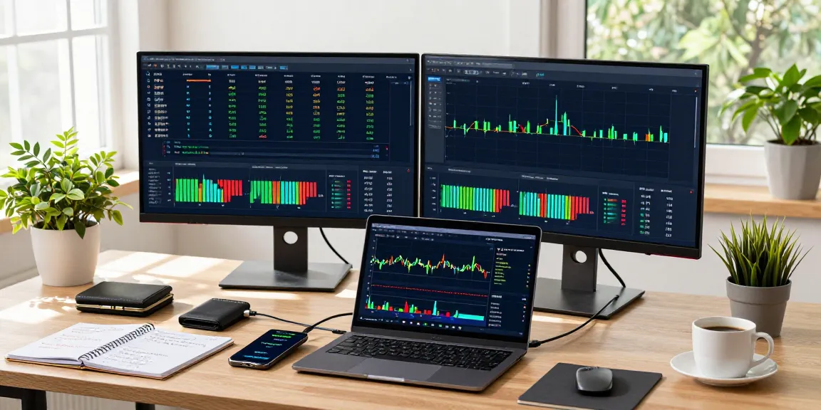 Mining bitcoin online in a modern office with dual screens showing blockchain analytics and mining tools, emphasizing secure cryptocurrency processes.
