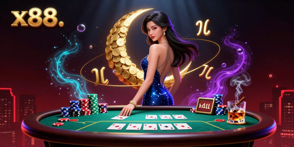 x88 online casino scene showcasing rich poker elements and an elegant Asian woman, embodying vibrant casino excitement.