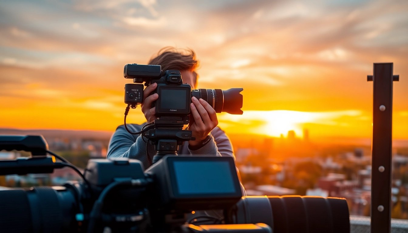 Capture of a skilled photography company Edmonton professional with city backdrop.
