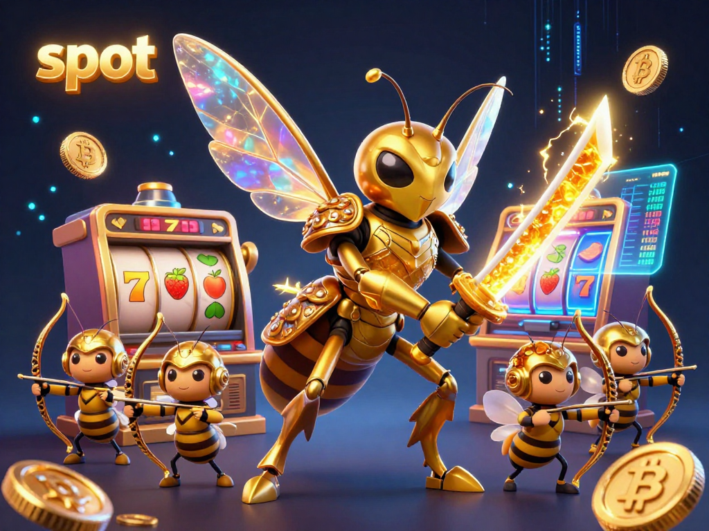 Engage with exciting slot action featuring vibrant golden hornets and cryptocurrency elements.