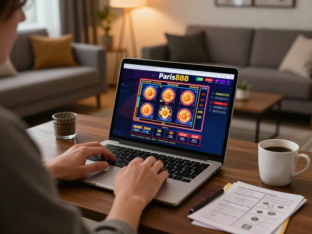 Engaged player using paris888 online casino interface at home for exciting gameplay.