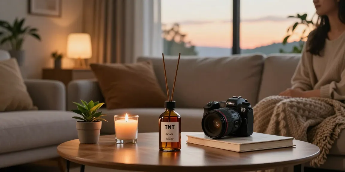 Experience relaxation with TNT Liquid Incense in a tranquil living room setting.