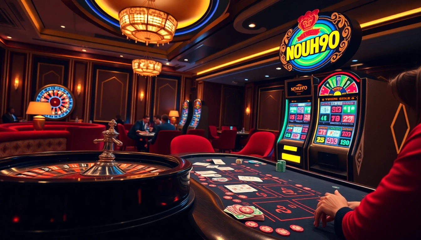Engaging casino action showcasing NOHU90 with roulette wheel, poker table, and vibrant slot machines.