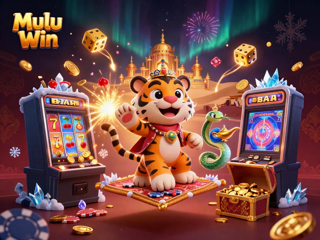 Mulu Win promotional scene showcasing a vibrant casino atmosphere with an Arabian-themed tiger sultan, dynamic game elements, and celebratory visuals.