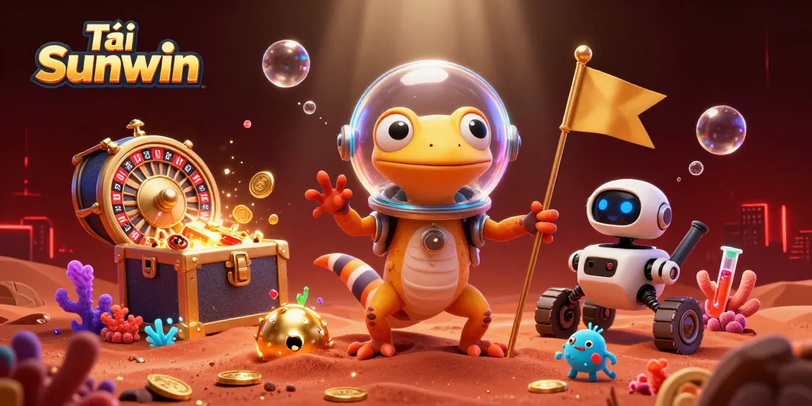 Tải Sunwin showcases a Martian gecko exploring a golden casino, revealing treasures in a vibrant 3D scene.